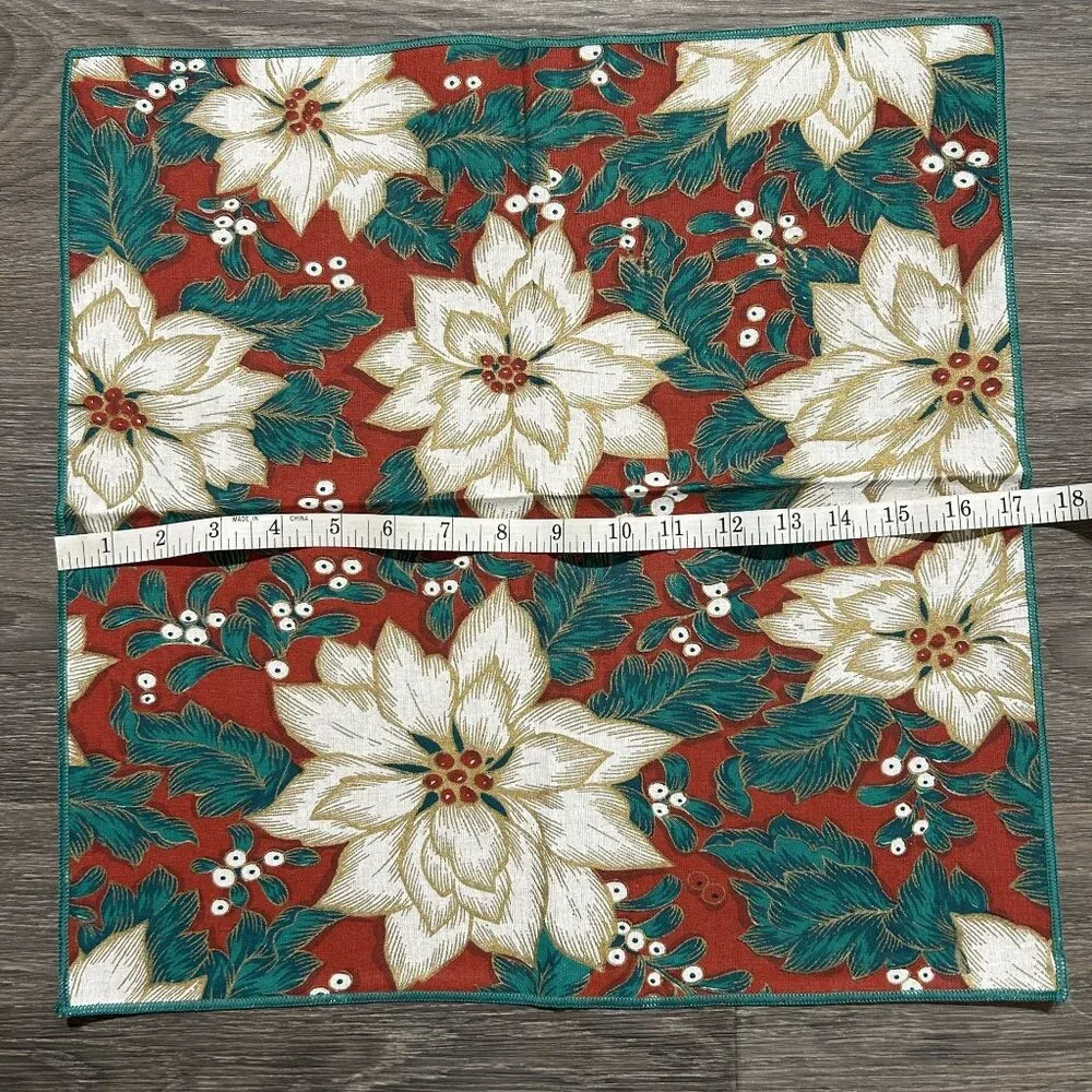 Set of 8 Christmas Poinsettia Cloth Napkins Linens Red Green Holiday Table Decor